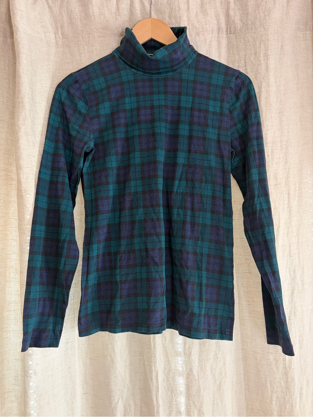 J Crew Classic Green & Navy Plaid Turtleneck Top